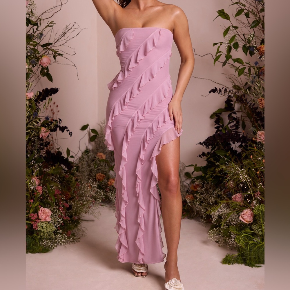 Strapless Ruffle Maxi Dress in Dusty Pink
